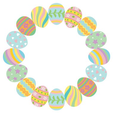 Round frame with Easter eggs in pastel colors. Vector illustration.