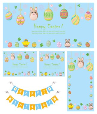 Güzel tavşanlı ve yumurtalı Paskalya pankartları. Vektör illüstrasyonu.