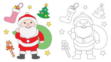 Noel ağacıyla Noel Baba, baston şeker ve çorap. Çocuklar için boyama kitabı.