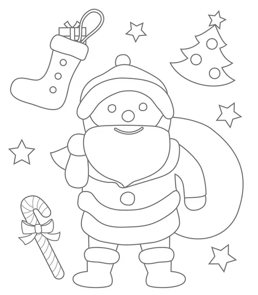 Noel ağacıyla Noel Baba, baston şeker ve çorap. Çocuklar için boyama kitabı.