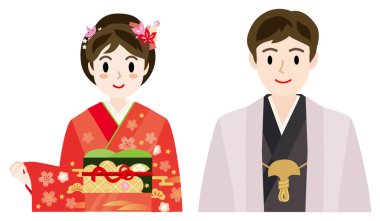 Japanese man and woman in traditional kimono on the Coming-of-Age Day. Vector illustration.