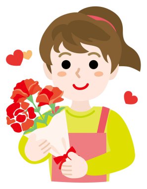 Anneler günü için elinde çiçekler ve bir buket kırmızı karanfil olan annem. Vektör illüstrasyonu.