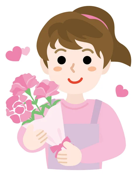 Mãe Com Flores Buquê Cravo Rosa Para Dia Das Mães — Vetor de Stock
