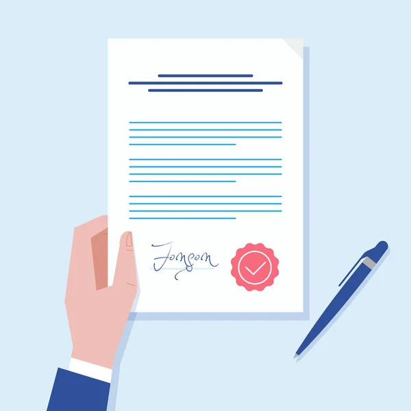 Business Man Hand Holding Contract Agreement Vector Illustration Signed Treaty — Stock Vector