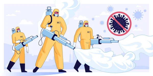Trabajadores Desinfectantes Limpiando Células Coronavirus — Archivo Imágenes Vectoriales