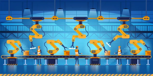 Výkonná Chytrá Továrna Pracovníky Roboty Montážní Linkou Průmysl Koncepce Technologií — Stockový vektor