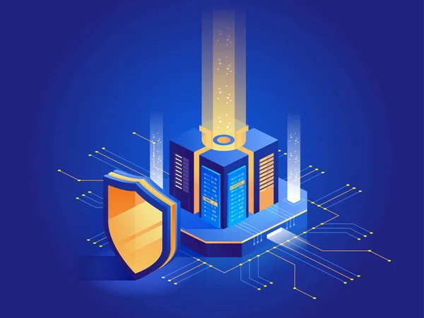 Isometrische Vectorillustratie Van Digitaal Beschermingsmechanisme Systeemprivacy Data Beveiligd Webcriminaliteit Virusaanval — Stockvector