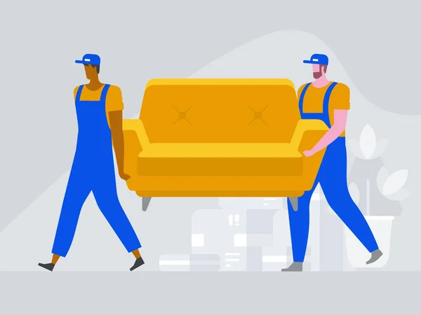 二人の労働者がソファを持っている 新しい家の中で箱を動かす ベクトルフラットスタイルイラスト — ストックベクタ