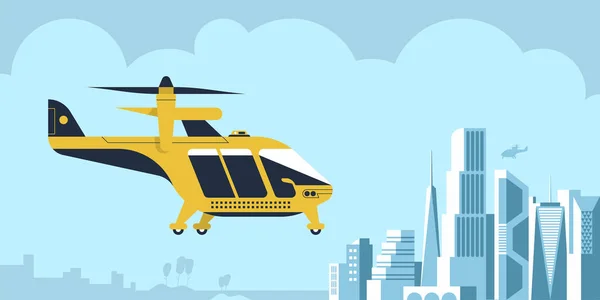 航空タクシーのドローンや旅客用のクワッドコプター 未来のローター ビークルの飛行 都市を背景にした現代の無人機や自動四輪機 漫画のカラフルなベクトルイラスト — ストックベクタ