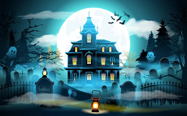 万圣节的背景老可怕的房子 万圣节景观与城堡和墓地的蓝色月亮背景 矢量说明 — 图库矢量图片