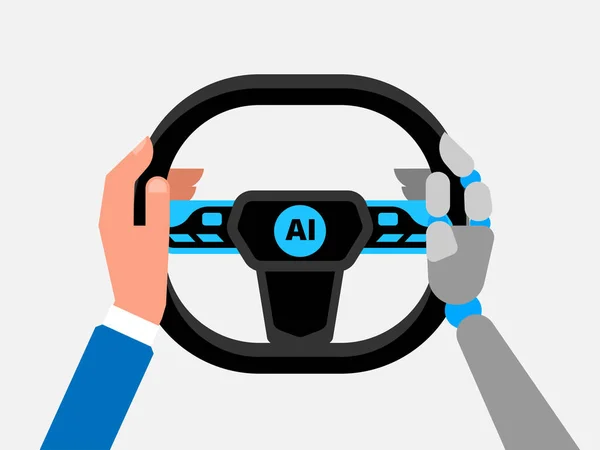 自驾汽车矢量图 手握住汽车的方向盘 一只手和一只手的机器人 路上的人工智能 — 图库矢量图片