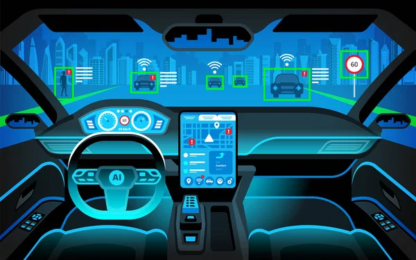 自律走行車のコックピット 自動運転車 道路上の人工知能 ヘッドアップディスプレイ と様々な情報 車両内部 ベクトルイラスト — ストックベクタ