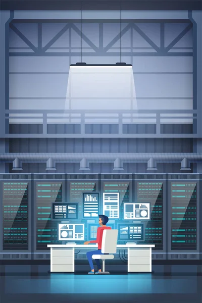 Programmerare Datacenterrum Med Grafbildskärmssystem Datacenter Rum Hosting Server Datorövervakning Information — Stock vektor