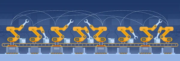 Industry Koncepcja Inteligentnej Fabryki Robotnicy Ramiona Robotów Linia Montażowa Technologia — Wektor stockowy