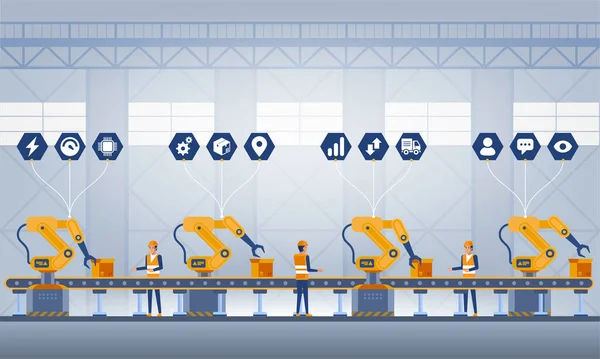 Endüstri Akıllı Fabrika Konsepti Şçiler Robot Kollar Montaj Hattı Teknoloji — Stok Vektör