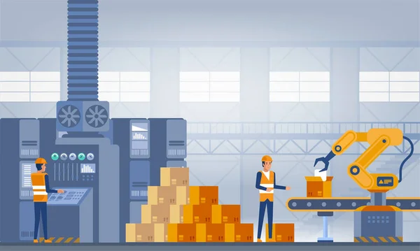 Industry Concetto Fabbrica Intelligente Lavoratori Bracci Robot Catena Montaggio Illustrazione — Vettoriale Stock