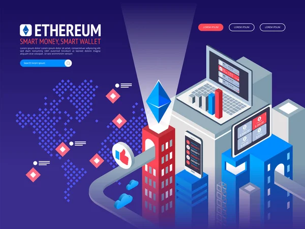 Äthereum Digitale Währung Futuristisches Digitales Geld Isometrische Technologie Weltweites Netzwerkkonzept — Stockvektor