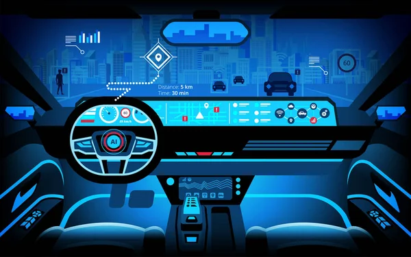 自動車のコックピット 各種情報モニター ヘッドアップディスプレイ 自動運転車 無人運転車 運転支援システム Acc アダプティブクルーズコントロール ベクトルイラスト — ストックベクタ