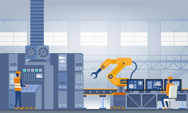 Endüstri Akıllı Fabrika Konsepti Şçiler Robot Kollar Montaj Hattı Teknoloji — Stok Vektör