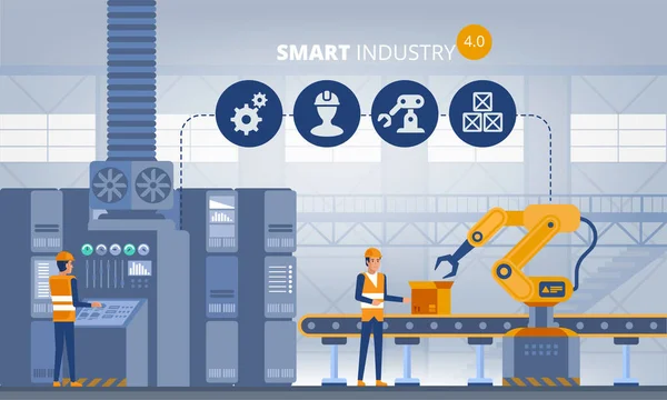 Industry Smart Factory Concept Werknemers Robotarmen Assemblagelijnen Technologie Vector Illustratie — Stockvector