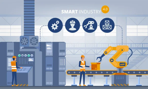 Indústria Conceito Fábrica Inteligente Trabalhadores Braços Robóticos Linha Montagem Tecnologia —  Vetores de Stock