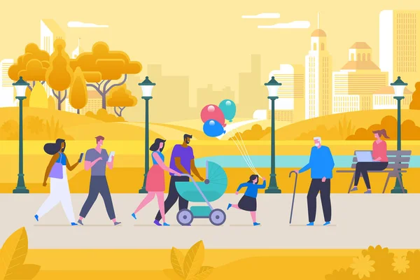 Recreation in autumn park flat vector illustration. Happy men, women and kid outdoors cartoon characters. Parents with pram and young couple on stroll. Girl with grandfather, woman working with laptop
