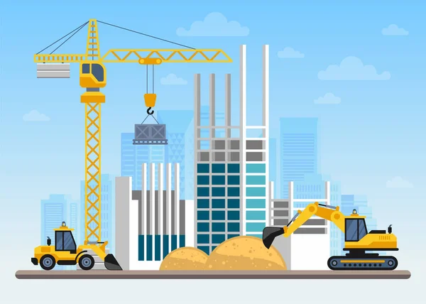 Construction Site Building House Cranes Machines Vector Flat Illustration — Stock Vector