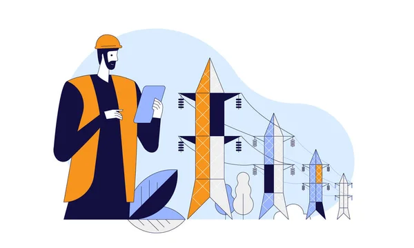 オレンジベストフラットベクトルイラストのエンジニア オーバーヘッド電源ラインのサポート 電気伝導 エネルギー産業の概念 白地にアウトラインを持つ電気漫画のキャラクター — ストックベクタ