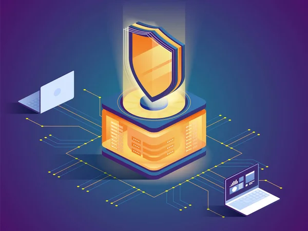 Antivirus Software Flache Isometrische Abbildung Cybersecurity Malware Sicherheitsprogramm Konzept Hackerangriff — Stockvektor
