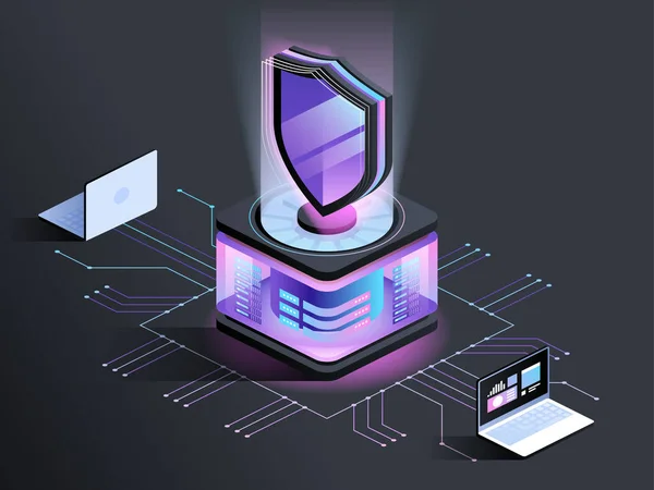 Antivirus Programm Abstrakte Isometrische Illustration Cybersicherheit Datenverschlüsselungstechnologie Dunkelfarbiges Konzept Malware — Stockvektor