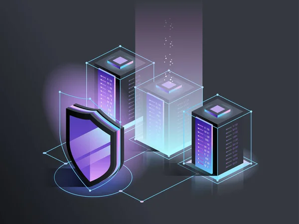サイバーセキュリティ ネットワークセキュリティを保護し データコンセプトを保護します デジタル犯罪だ 匿名のハッカー ウェブページデザインテンプレート 等方ベクトル図 — ストックベクタ