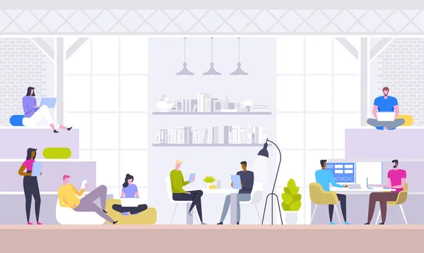 Business meeting, negotiation, brainstorming. Confident and successful team. Group of young modern people discussing business while sitting in the creative office. Vector illustration