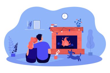 Embraces of couple sitting on floor near fireplace at home. Cozy evening time by fireside of people and dog flat vector illustration. Love concept for banner, website design or landing web page clipart
