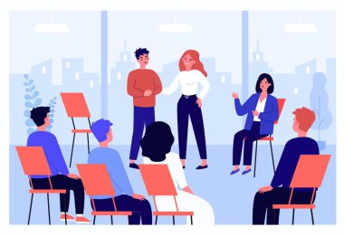 Cartoon man sharing problems in group therapy. People sitting in circle and consulting with therapist flat vector illustration. Psychology, support, mental health concept for banner, website design clipart