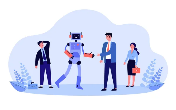 Boss Shaking Hands Robot Standing Office Workers Replacing Human Employees — Stock Vector