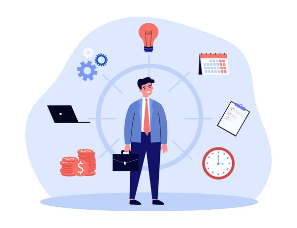 Businessman Multi Skills Planning Work Task Man Organizing Workflow Flat — Stock Vector