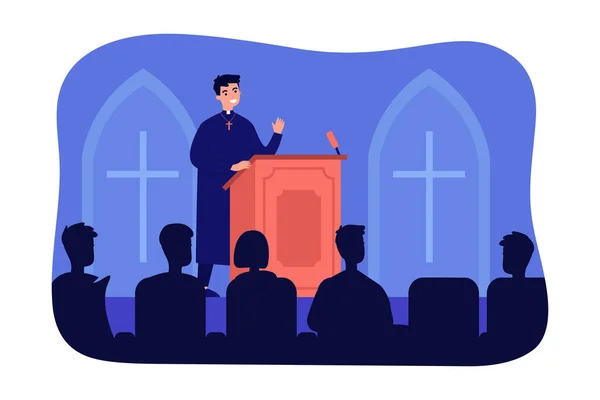 Katolicki Ksiądz Przemawiający Podium Kościoła Głoszenie Wielebnego Ojca Stojącego Trybunach — Wektor stockowy