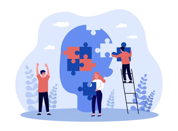 Cooperation of tiny people connecting puzzle inside head. Support and help from community to person flat vector illustration. Personality concept for banner, website design or landing web page