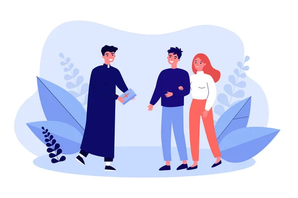 Couple people meeting with catholic priest. Religious christian man holding bible flat vector illustration. Religion, catholicism, worship concept for banner, website design or landing web page