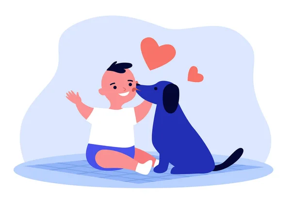 Köpek Diliyle Küçük Çocukların Suratını Yalıyor Iyi Arkadaş Köpek Yavrusuyla — Stok Vektör