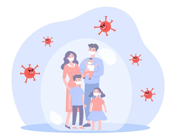 Família Que Protege Coronavírus Com Máscaras Médicas Células Virais Atacando —  Vetores de Stock