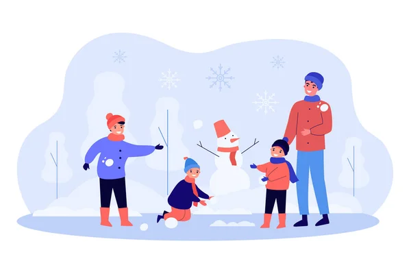 Father with children having snowball fight. Cartoon family playing with snow outdoor flat vector illustration. Winter activity, family time concept for banner, website design or landing web page
