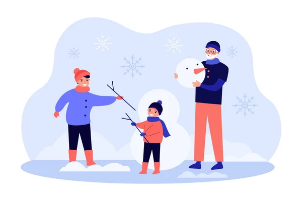 Happy Mother Grandfather Child Making Snowman Outdoor People Playing Together — Stockový vektor