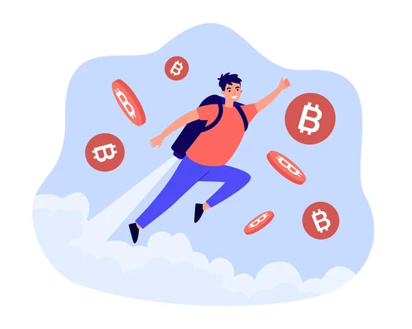 Man Flying Rocket Backpack Sky Bitcoins Person Investing Crypto Currency — Stock Vector