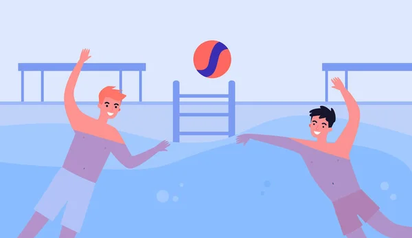 Players playing in water polo in swimming pool. People throwing or catching ball flat vector illustration. Sport competition, healthy lifestyle concept for banner, website design or landing web page