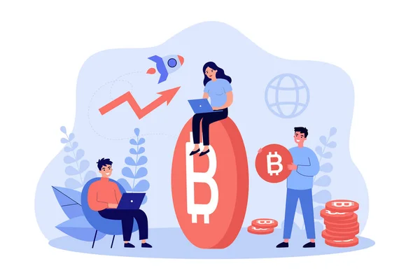 Tiny Traders Investing Trading Crypto Market Business People Sitting Growing — Stock Vector