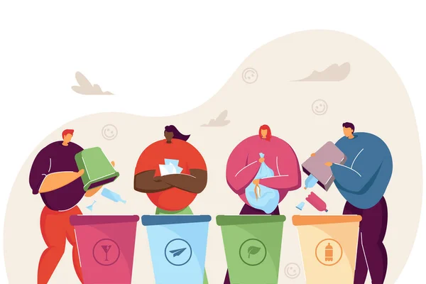 Desenhos Animados Classificar Lixo Juntos Ilustração Vetorial Plana Quatro Homens — Vetor de Stock