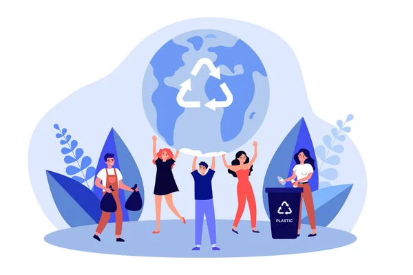 Eco Dobrovolníci Zachraňují Zemi Před Znečištěním Lidé Recyklují Odpadky Muži — Stockový vektor