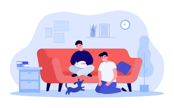 Gay couple sitting in living room with cute cat and dog. Man with kitty on sofa, guy playing with puppy on floor flat vector illustration. Family, pets concept for website design or landing web page