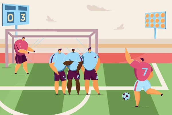 Desenhos Animados Jogador Futebol Chutando Penalidade Ilustração Vetorial Plana Jogo —  Vetores de Stock